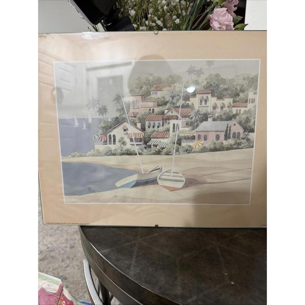 Vintage Coastal Wall Art Print Framed‎ 11x14 | Mediterranean Seaside Boats 1989